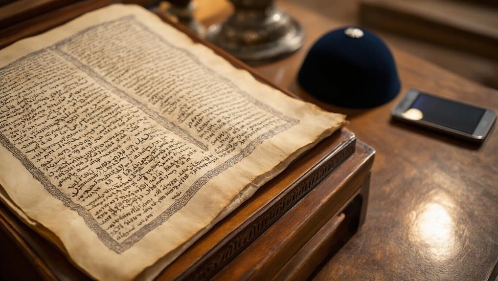 Ancient manuscript of the Bible on a wooden table, with a modern smartphone and a cap nearby, representing faith, biblical study, and spiritual devotion.