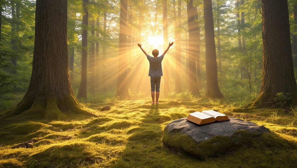 Radiant sunlight filtering through lush green trees in a peaceful forest, with a child raising hands in worship and an open Bible resting on a mossy rock, symbolizing faith and spiritual devotion.