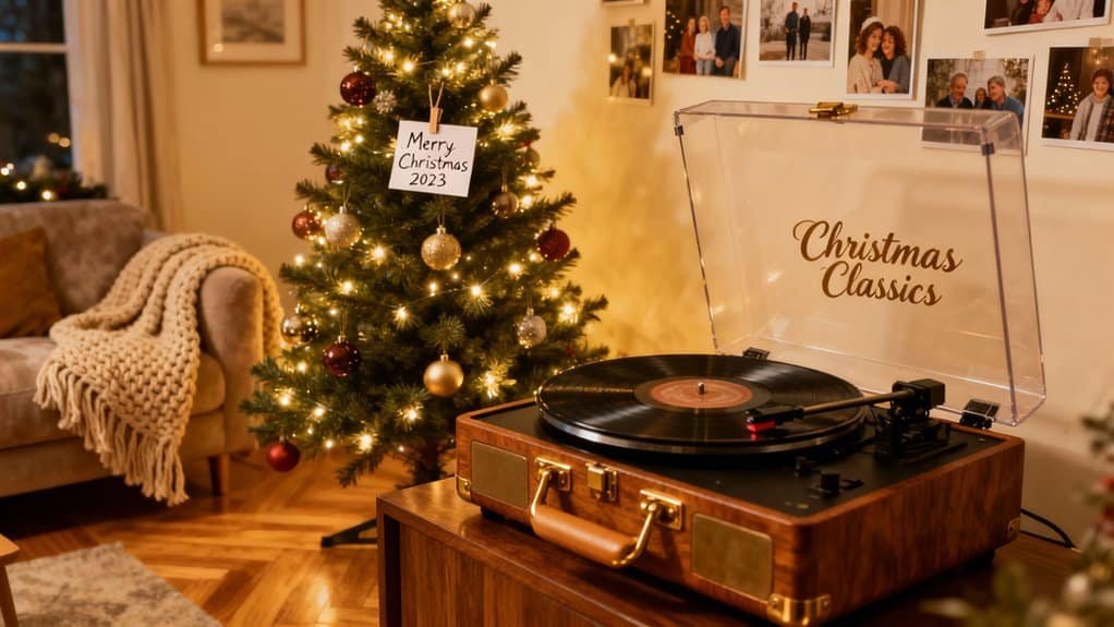 Vintage record player with "Christmas Classics" on the lid in living room decorated for Christmas with a tree, photos, and cozy furnishings.