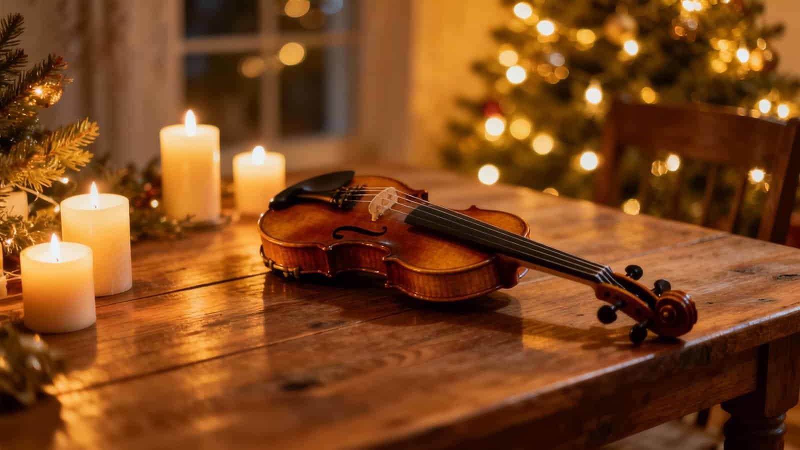 A cozy Christmas scene with a violin on a wooden table, surrounded by glowing candles and festive holiday decorations, creating a warm, inviting atmosphere.