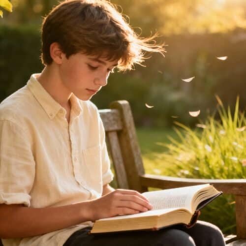 Peaceful boy reading the Bible outdoors in sunlight, surrounded by flowers, during golden hour, emphasizing faith, prayer, Bible study, and spiritual growth.