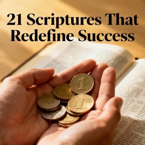 Coins in hand with Bible open, representing spiritual wealth; focus on biblical success and faith.