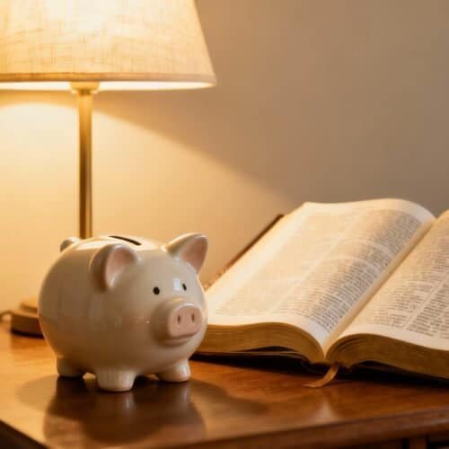 1. Ceramic piggy bank and open Bible on wooden table with lamp, symbolizing faith, savings, and biblical teachings, ideal for Christian financial stewardship and spiritual growth.