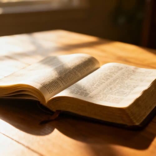 1. Open Bible on wooden table bathed in warm sunlight, symbolizing faith, spirituality, and biblical inspiration for Christian worship and devotion.