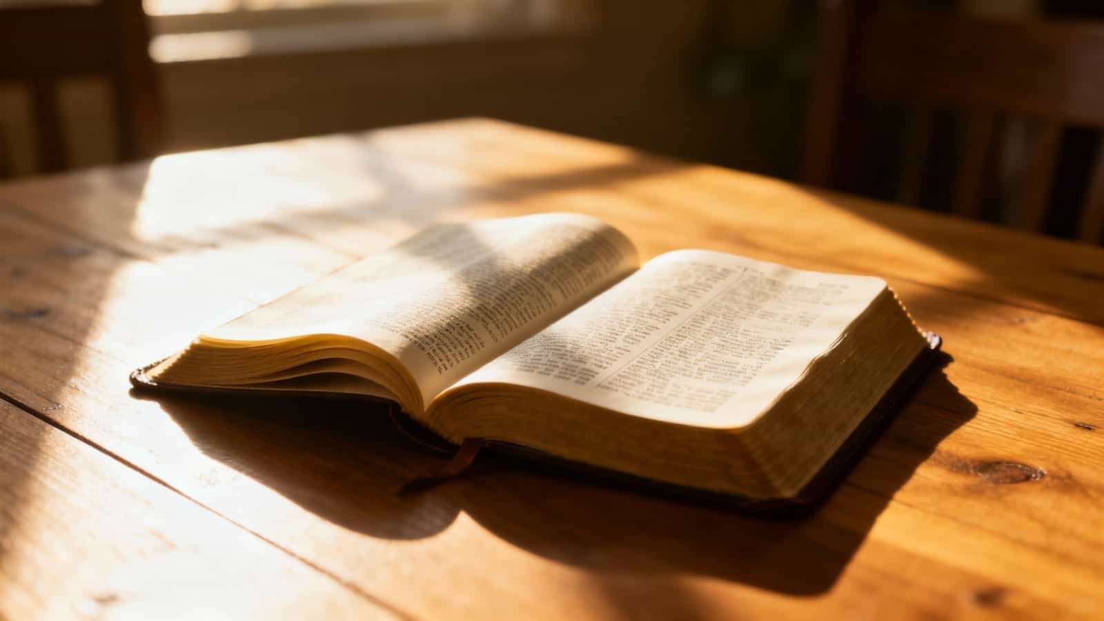 1. Open Bible on wooden table bathed in warm sunlight, symbolizing faith, spirituality, and biblical inspiration for Christian worship and devotion.
