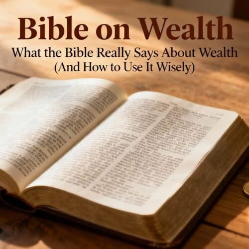 An open Bible on a wooden table with gold coins beside it; highlighting biblical teachings on wealth and wise money management.