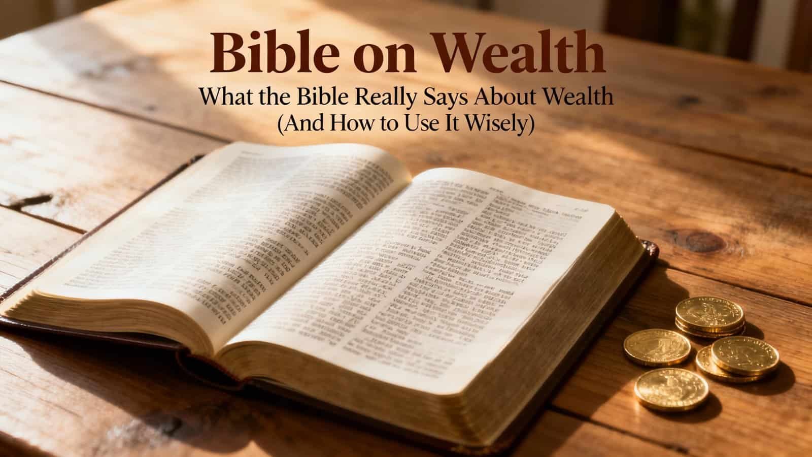 An open Bible on a wooden table with gold coins beside it; highlighting biblical teachings on wealth and wise money management.
