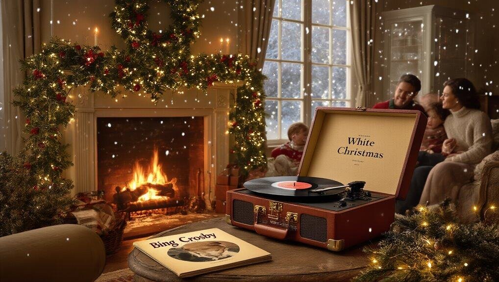Christmas living room with family, fireplace, decorated tree, and record player playing holiday music from "White Christmas," creating a cozy, festive atmosphere.