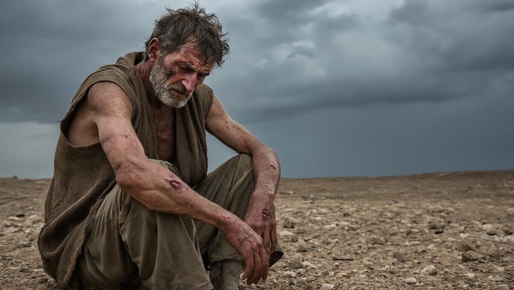Hurt man sitting in a desolate desert landscape with a stormy sky, depicting themes of suffering and faith, from My Bible Song. Perfect for Christian music, worship, and faith-based content.