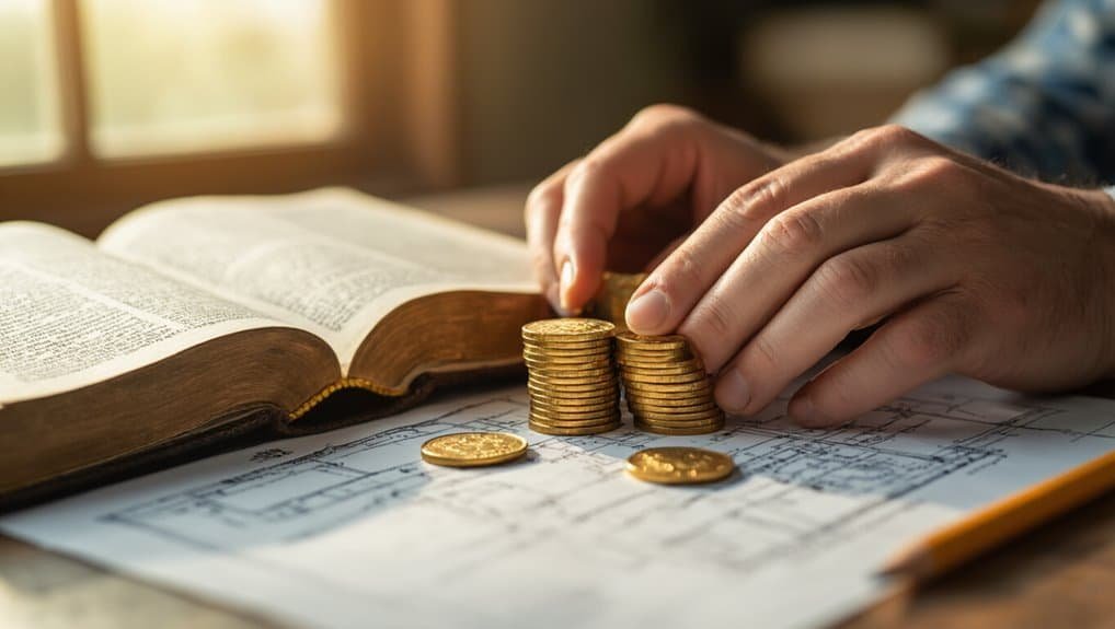 12 Scriptures on Saving Money to Help You Plan and Prosper My Bible Song 2026 Stacks of gold coins beside an open Bible and architectural plans, symbolizing faith and prosperity, with warm sunlight streaming through a window.