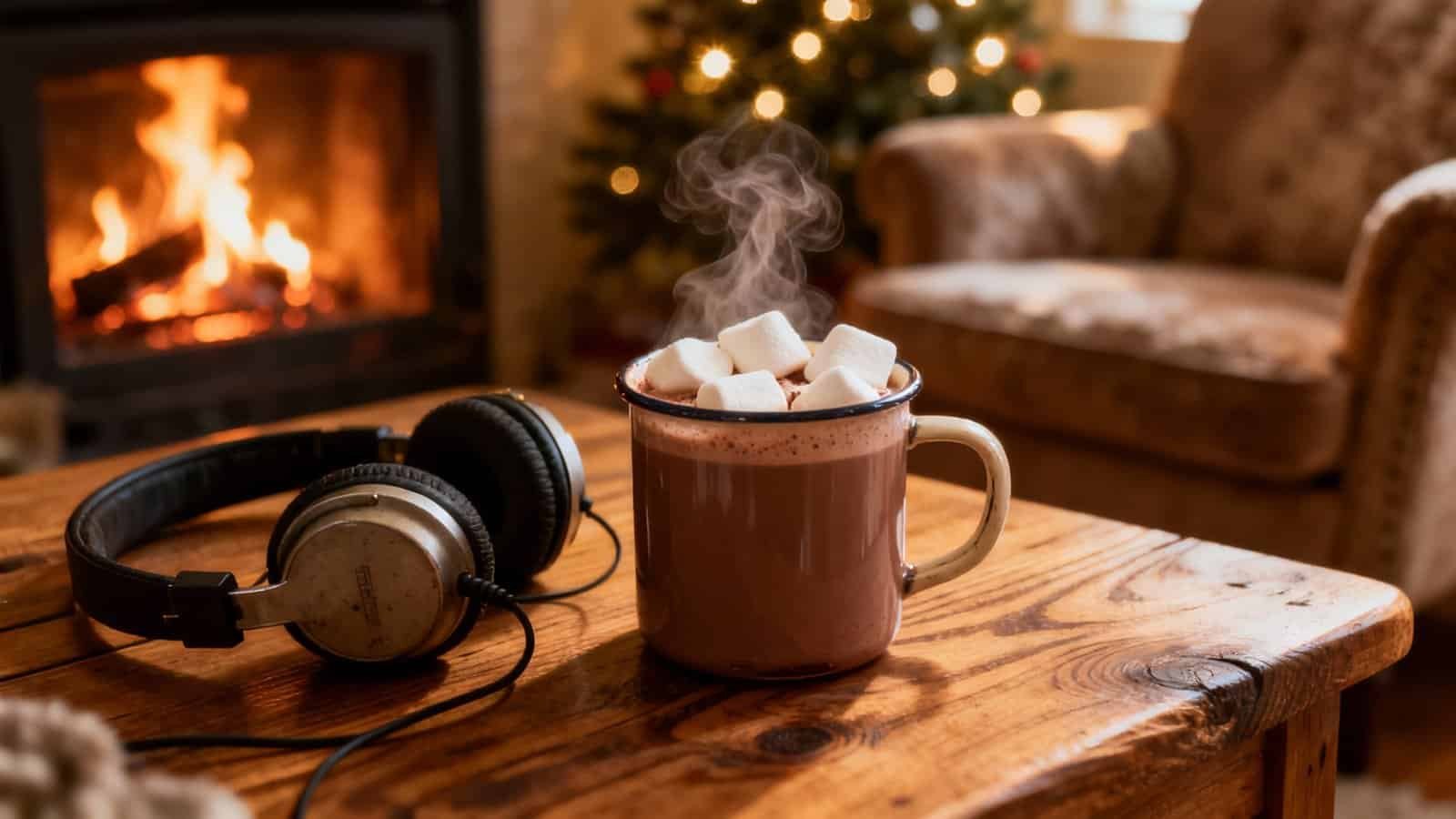 Cozy holiday scene with hot chocolate topped with marshmallows, headphones on rustic wooden table, fireplace warmth, and Christmas tree in background, perfect for relaxing season moments.