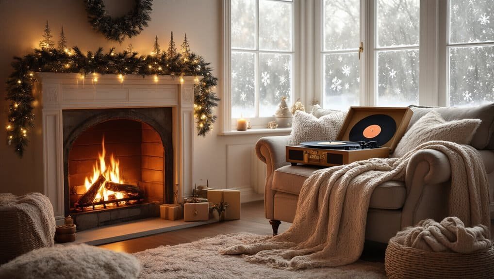 Relaxing Christmas Music for a Calm, Cozy Holiday My Bible Song 2026 Bright Christmas living room scene with cozy fireplace, sofa, and vintage record player, decorated with holiday wreath and candles, perfect for festive gospel singing and spiritual relaxation during winter holidays.
