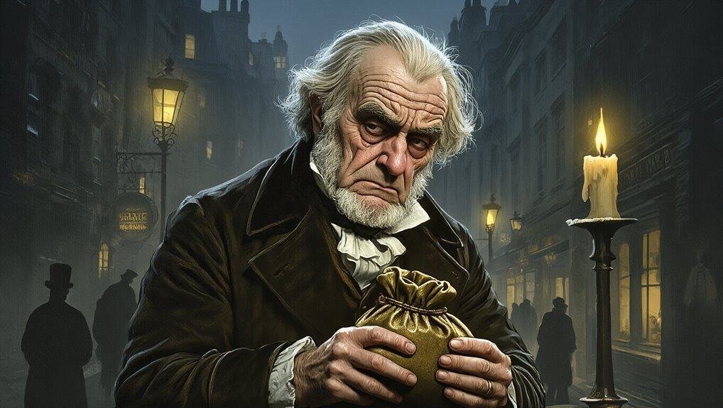 A Christmas Carol Understanding Scrooge’s Redemption My Bible Song 2026 A somber elderly man holding a small bag on a foggy city street at night, lit by candlelight and vintage lamps, capturing a theme of reflection, history, and spirituality for biblical and hymn-related content.