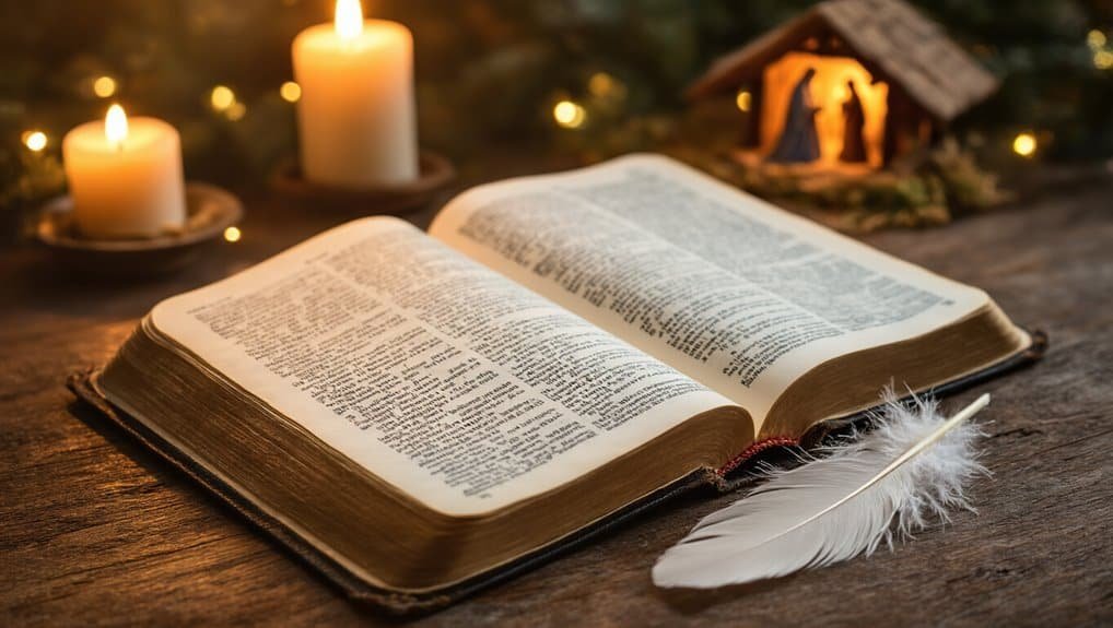 Bible open with a feather on an old wooden table, lit candles, and a nativity scene, creating a peaceful and spiritual atmosphere for worship and reflection.