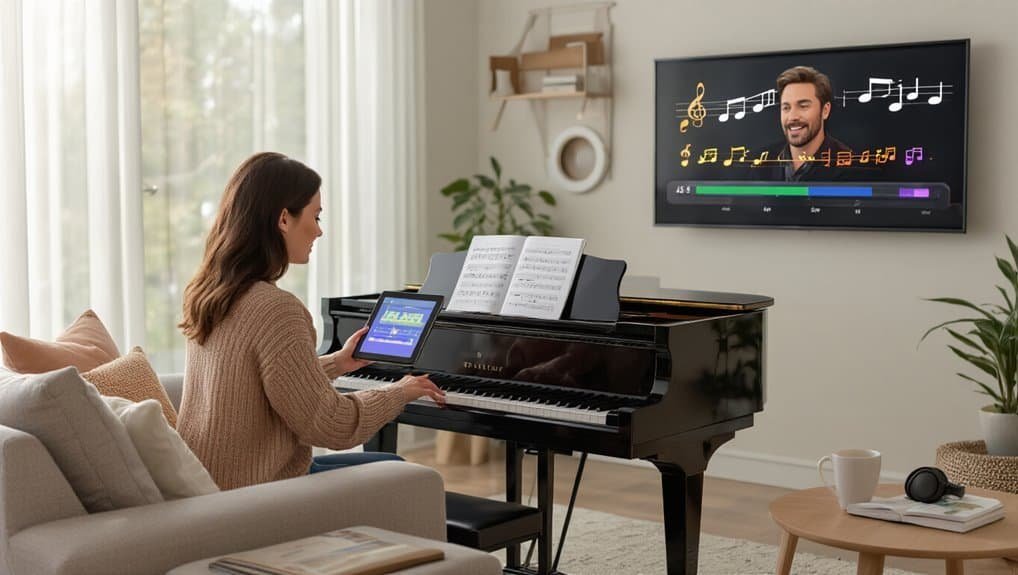 Learning to sing with digital sheet music and music games on a tablet while playing the piano, on a bright living room setup.