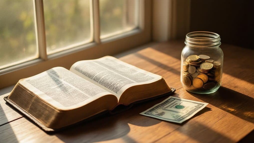 An open Bible on a wooden table with a jar of coins, a dollar bill, and sunlight streaming through a window, symbolizing faith, prayer, and giving in Christian worship through My Bible Song.