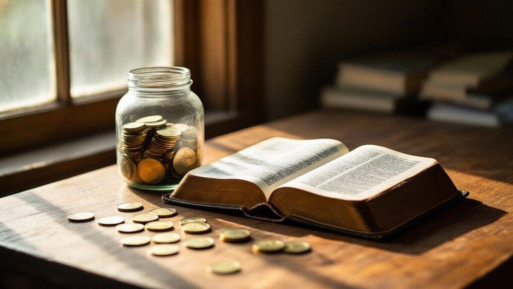 Bible Wisdom on Saving Money for Today’s Budget My Bible Song 2026 Open Bible and jar of coins on wooden table, symbolizing faith and devotion, with sunlight streaming in, representing spiritual growth and blessings.