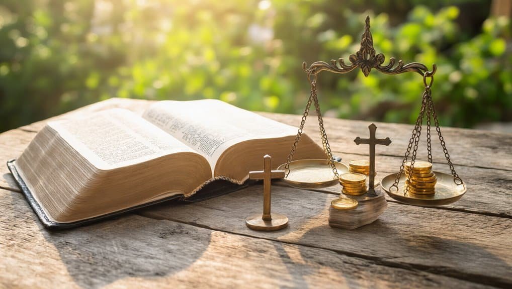 Open Bible with scales of justice and gold coins on rustic wooden table outdoors, illustrating faith, biblical teachings, and spiritual balance. Perfect for faith-based financial and moral content.