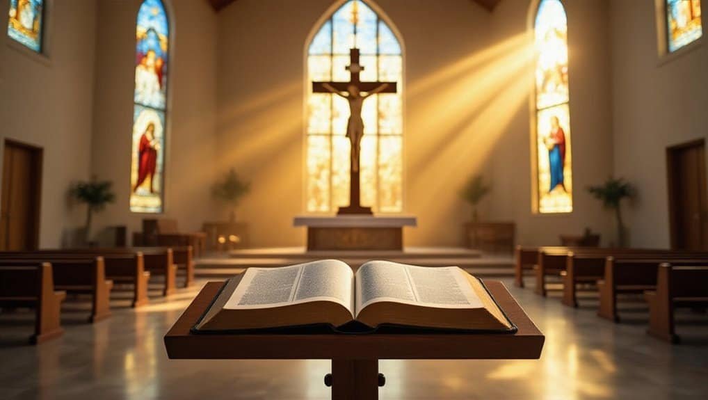 The 10 Commandments in the New Testament: Where They’re Quoted and Applied My Bible Song 2026 1. Open Bible on church altar with stained glass windows and sunlight streaming in, symbolizing faith and worship.