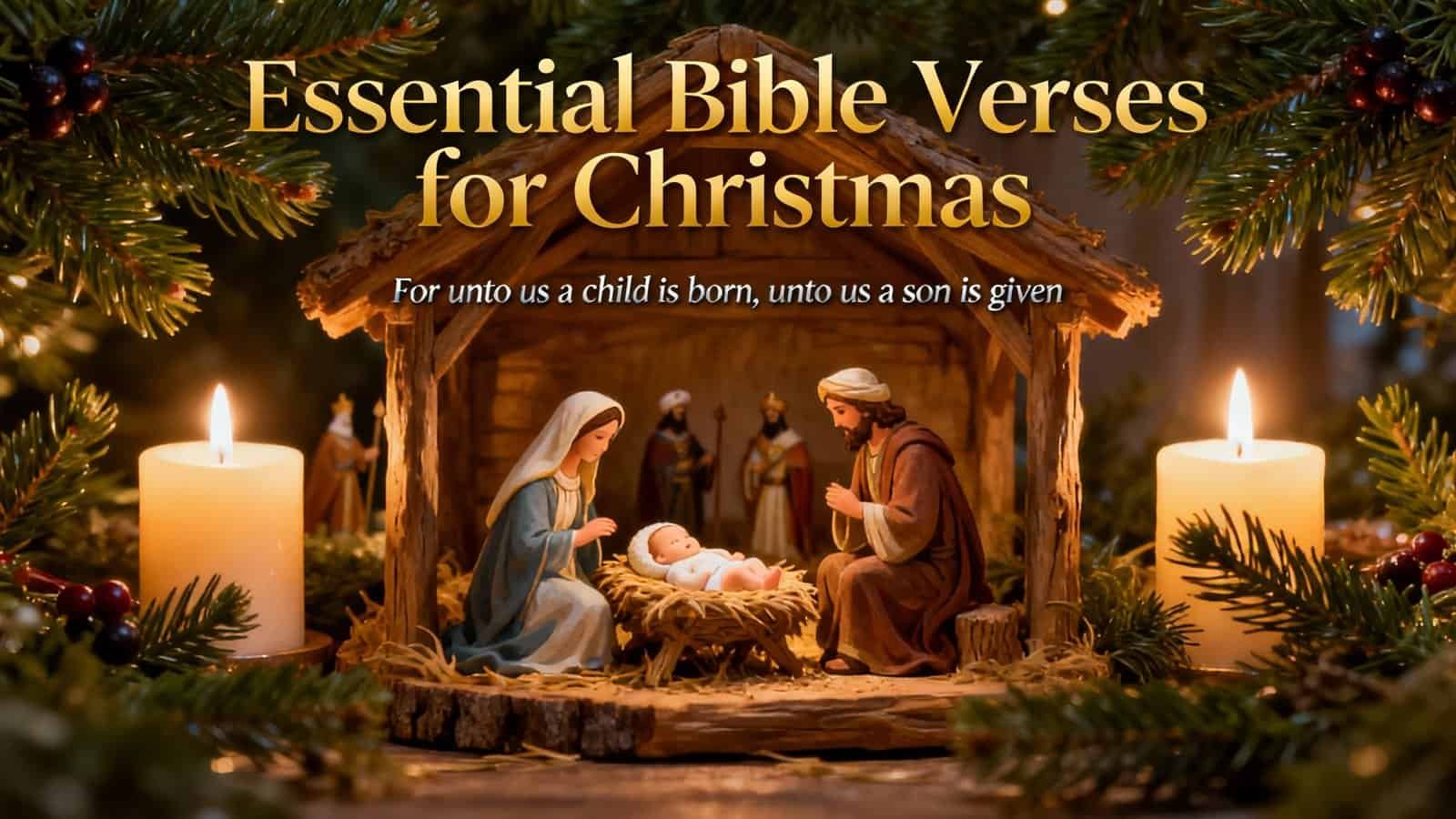 Christmas nativity scene with baby Jesus, Mary, Joseph, and candles, for Bible verses and Christian holiday content.