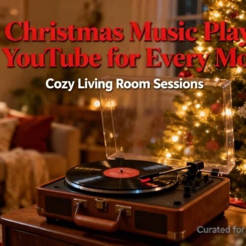 Vintage record player with Christmas tree and cozy holiday living room background, promoting best Christmas music playlists on YouTube for every mood.