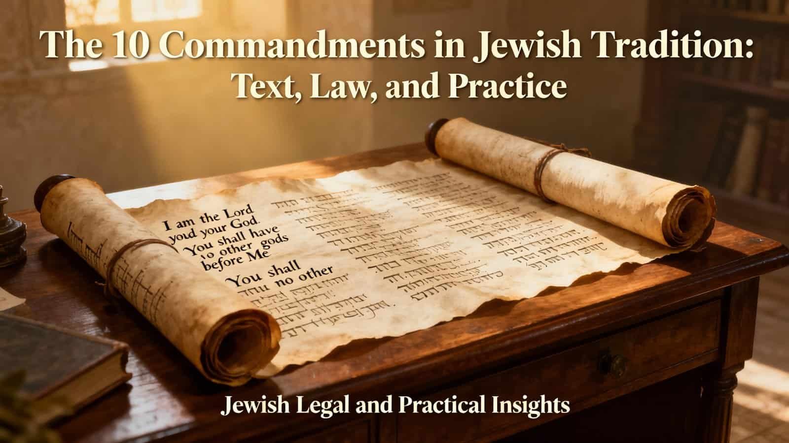 Ancient scroll of the Ten Commandments on wood table, highlighting Jewish law, tradition, and practice, ideal for understanding Jewish religious texts and legal principles.