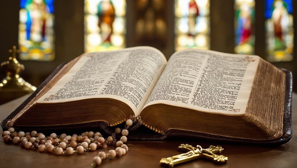 Old Bible open with prayer beads and cross, stained glass windows in background - biblical scripture for Christian faith and worship.