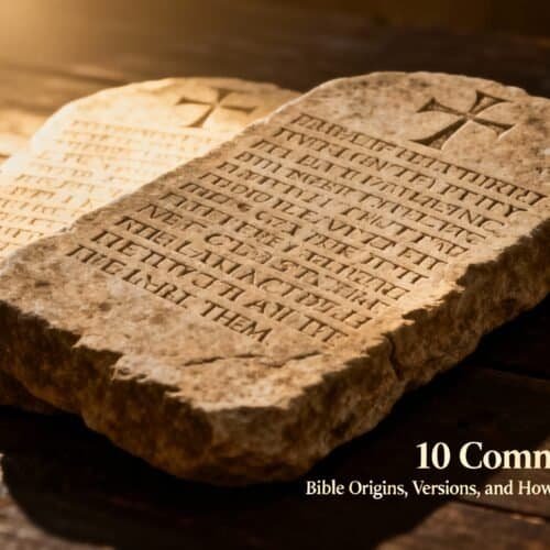 10 Commandments Bible Origins Versions, and How to Understand Them My Bible Song 2026 Ancient stone tablets inscribed with the Ten Commandments, symbolizing biblical laws, on rustic wooden background for religious educational content.