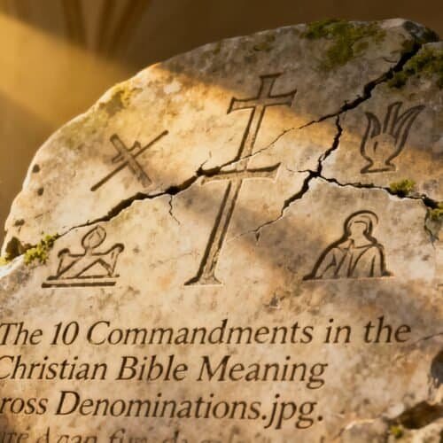 Sacred stone with engravings of Christian symbols and the text “The 10 Commandments in the Christian Bible Meaning Across Denominations,” inside a church with sunlight filtering through stained glass windows.