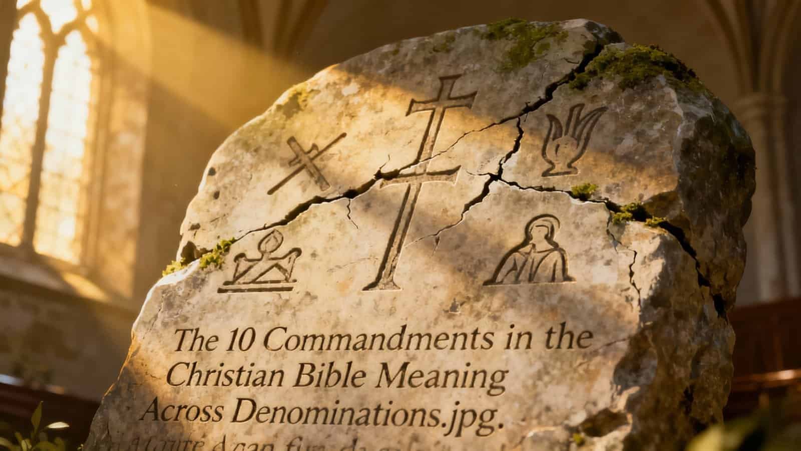 Sacred stone with engravings of Christian symbols and the text “The 10 Commandments in the Christian Bible Meaning Across Denominations,” inside a church with sunlight filtering through stained glass windows.