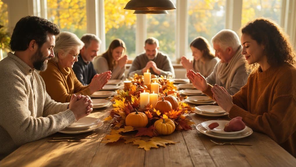 Peaceful family prayer gathering during Thanksgiving dinner with autumn decorations, candles, pumpkins, and falling leaves, emphasizing gratitude and faith.