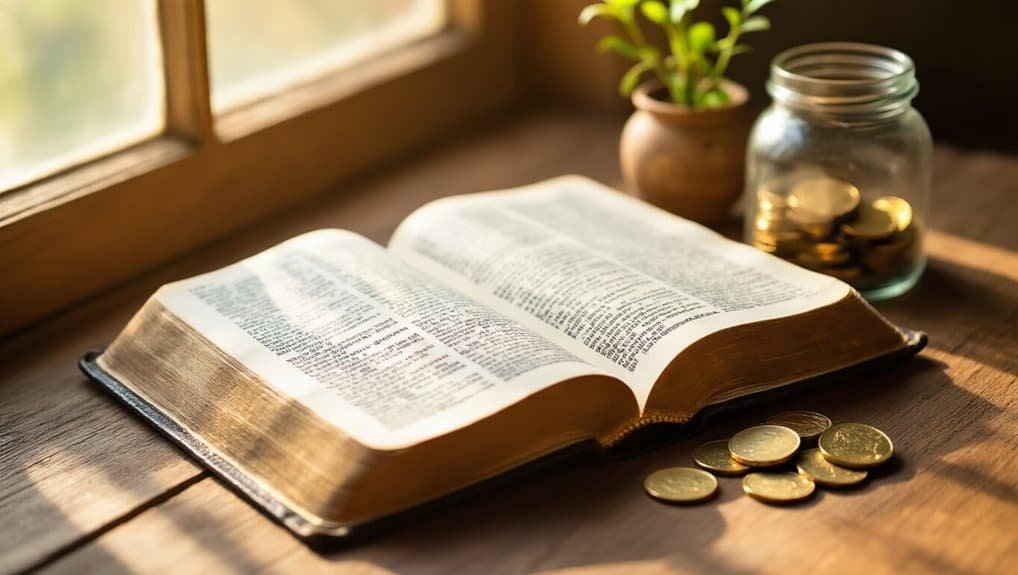 Bible open on wooden table with coins and plant, symbolizing faith and prosperity, highlighting Christian worship, Bible study, and spiritual growth.