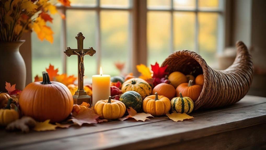 Vibrant fall harvest table with pumpkins, gourds, a cross, and a candle, symbolizing faith and thanksgiving during autumn, ideal for celebrating harvest festivals and Thanksgiving with Christian themes.