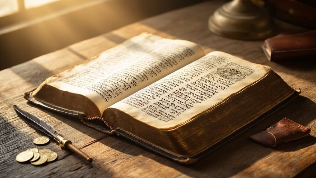 Ancient open Bible on wooden table with feather pen, coins, and candlelight, symbolizing faith and scripture. Perfect for religious inspiration, Bible study, or spiritual reflection. High-quality, serene Christian worship imagery.