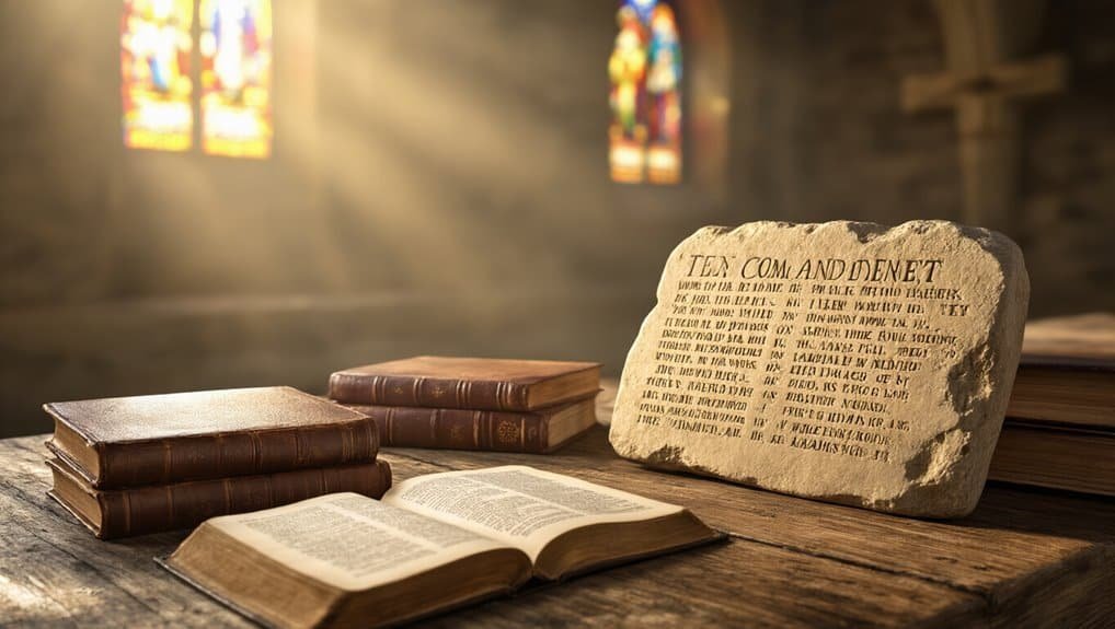 Vintage Bible on wooden table with stained glass windows in background, emphasizing faith, worship, and biblical teachings, perfect for religious inspiration and spiritual growth.
