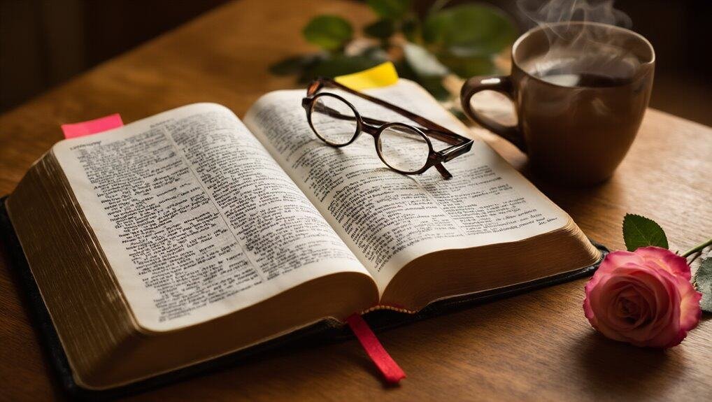 Open Bible with glasses, steaming coffee, pink rose, and bookmarks on a wooden table, perfect for prayer, worship, or spiritual study; ideal for exploring Bible verses and Christian devotion.