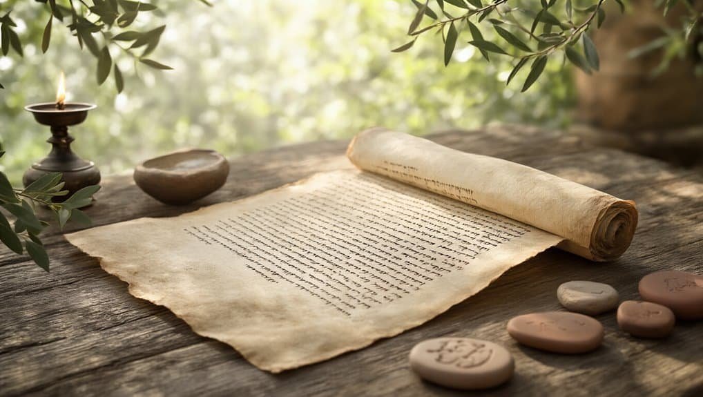 Ancient scroll and stones on wooden table with greenery, representing historical biblical texts and meditation.