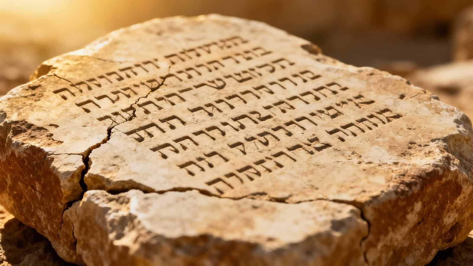 Ancient biblical stone inscription with Hebrew text, symbolizing scripture and faith, representing the historical roots of the Bible and Christian teachings for religious education.