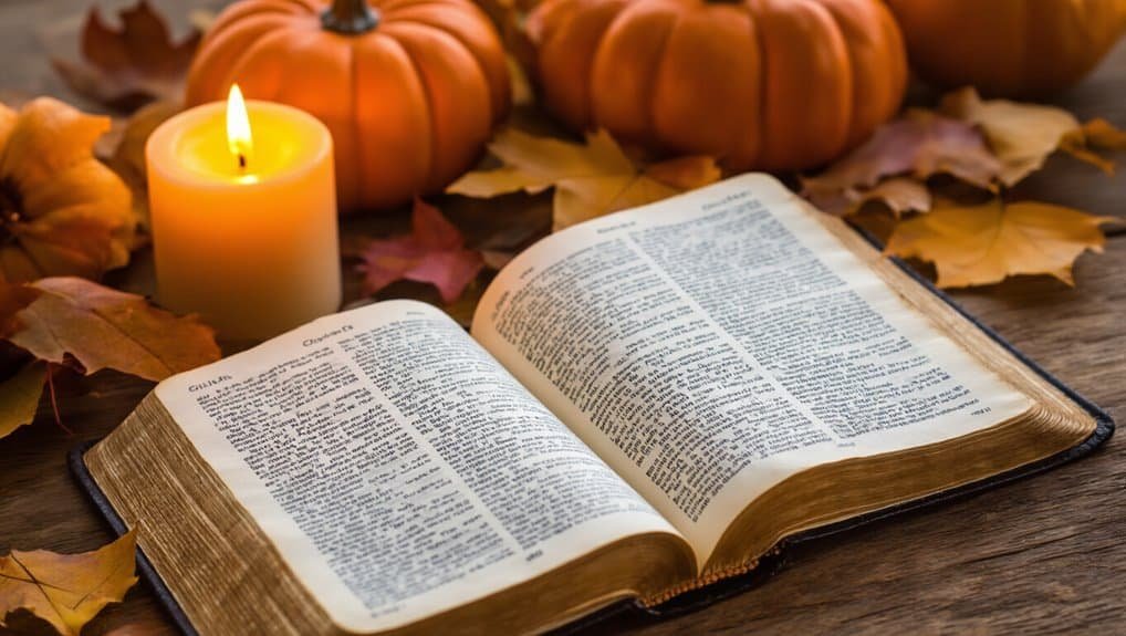 Bible open on wooden table surrounded by fall leaves and pumpkins with lit candle, emphasizing worship and scripture during autumn season.