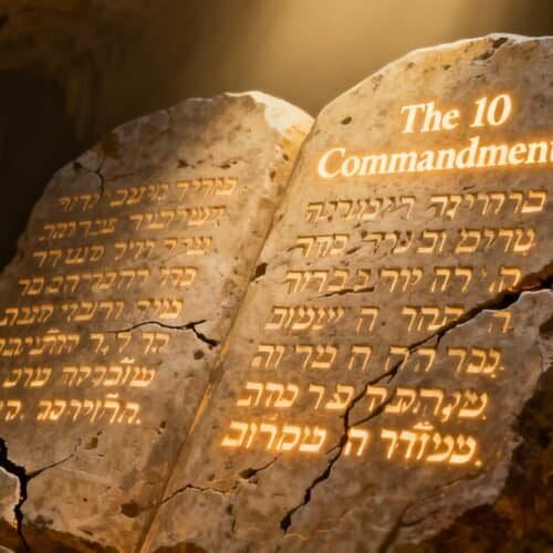 Ancient stone with illuminated Hebrew text showcasing the Ten Commandments, symbolizing biblical teachings, faith, spirituality, and religious significance in Christianity and Judaism.