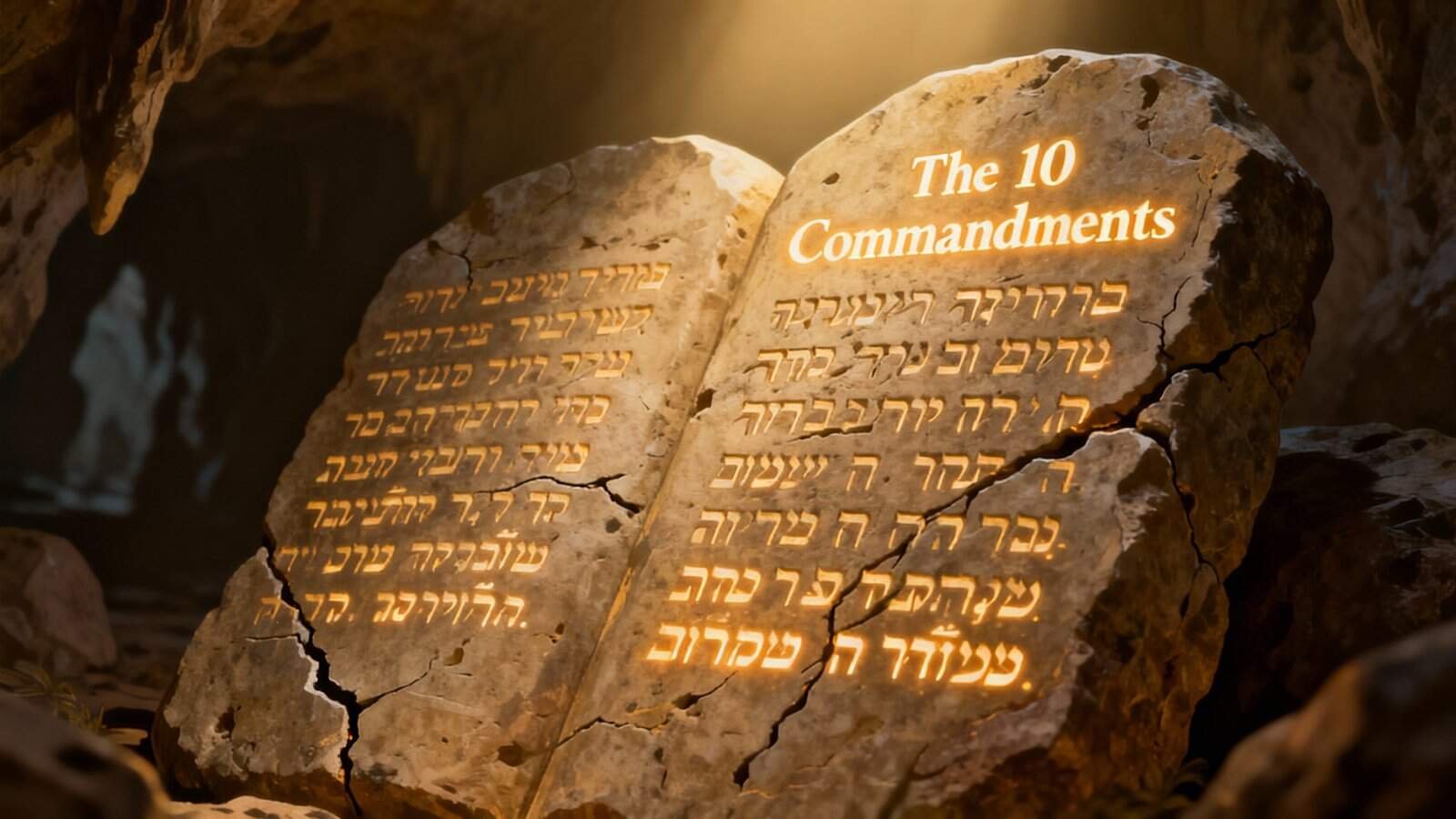 Ancient stone with illuminated Hebrew text showcasing the Ten Commandments, symbolizing biblical teachings, faith, spirituality, and religious significance in Christianity and Judaism.