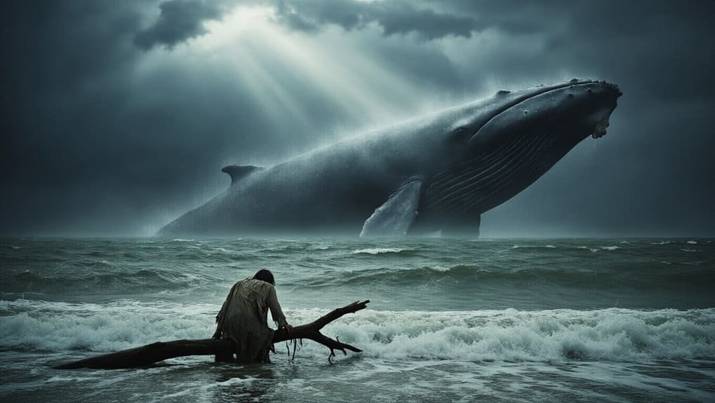 Bible Story Jonah Swallowed Whole What the Whale Story Really Teaches About Second Chances My Bible Song 2026 Massive whale breaching ocean storm with a stranded man in the foreground, symbolizing faith and divine guidance in challenging times for inspirational Christian music.