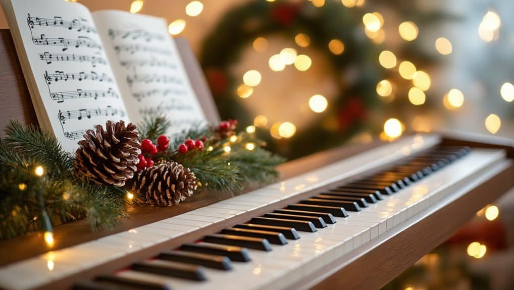 Elegant Christmas-themed grand piano decorated with pinecones and berries, illuminated with warm lights, surrounded by festive bokeh, perfect for holiday music and spiritual worship.