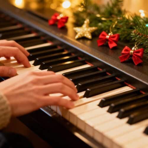 A person playing a Christmas-themed piano decorated with festive ornaments and lights, creating a joyful holiday atmosphere.