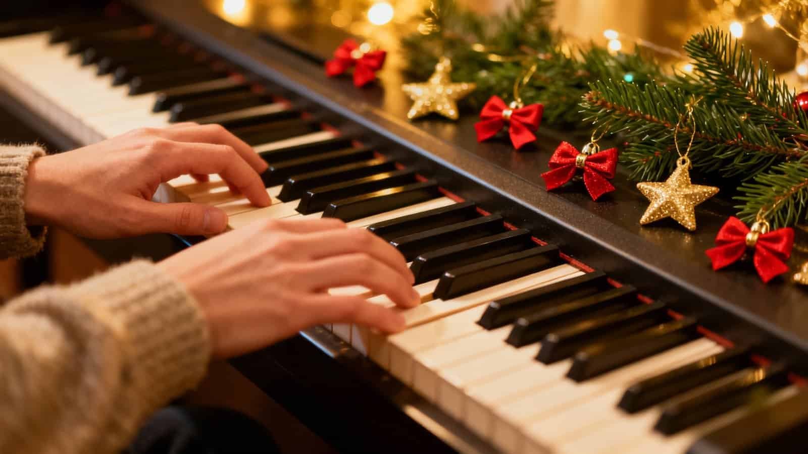 A person playing a Christmas-themed piano decorated with festive ornaments and lights, creating a joyful holiday atmosphere.