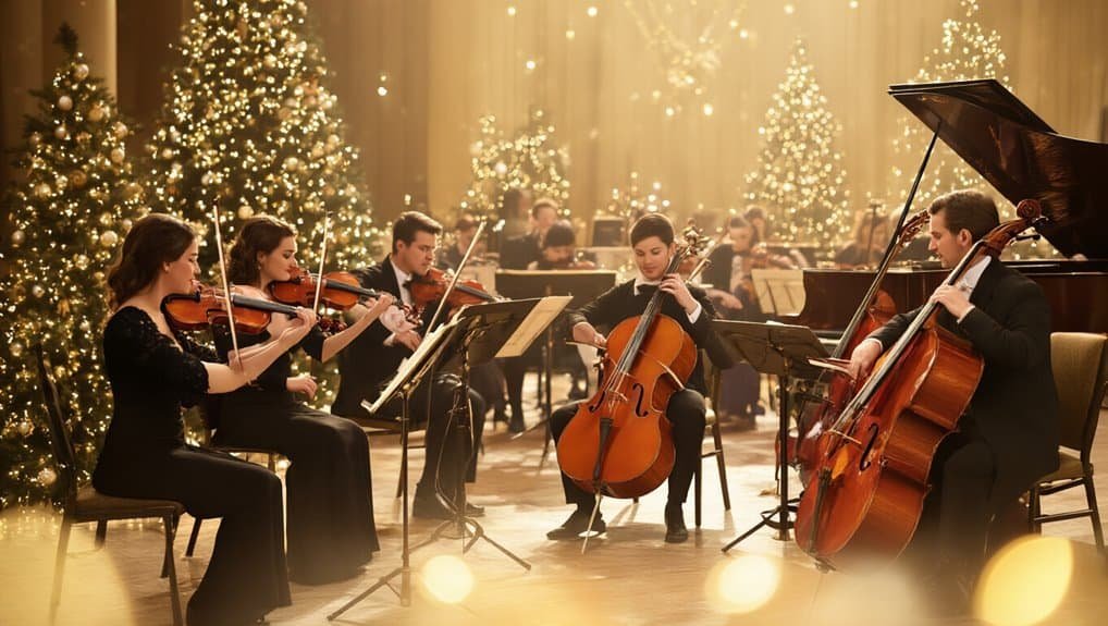 Best Instrumental Christmas Music for Background Ambience My Bible Song 2026 Elegant Christmas orchestra performing live with festive decorated Christmas trees, creating a joyful holiday music atmosphere at My Bible Song.