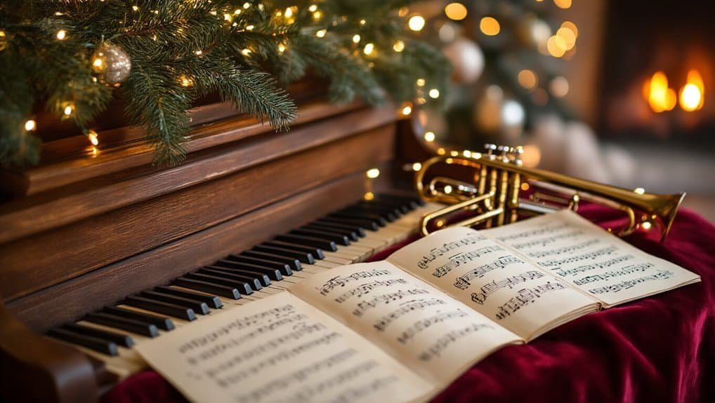 Best Instrumental Christmas Music for Background Ambience My Bible Song 2026 A festive scene featuring a wooden piano, open sheet music, a golden trumpet, and Christmas tree branches with lights, perfect for celebrating Christian music and biblical songs during the holiday season.