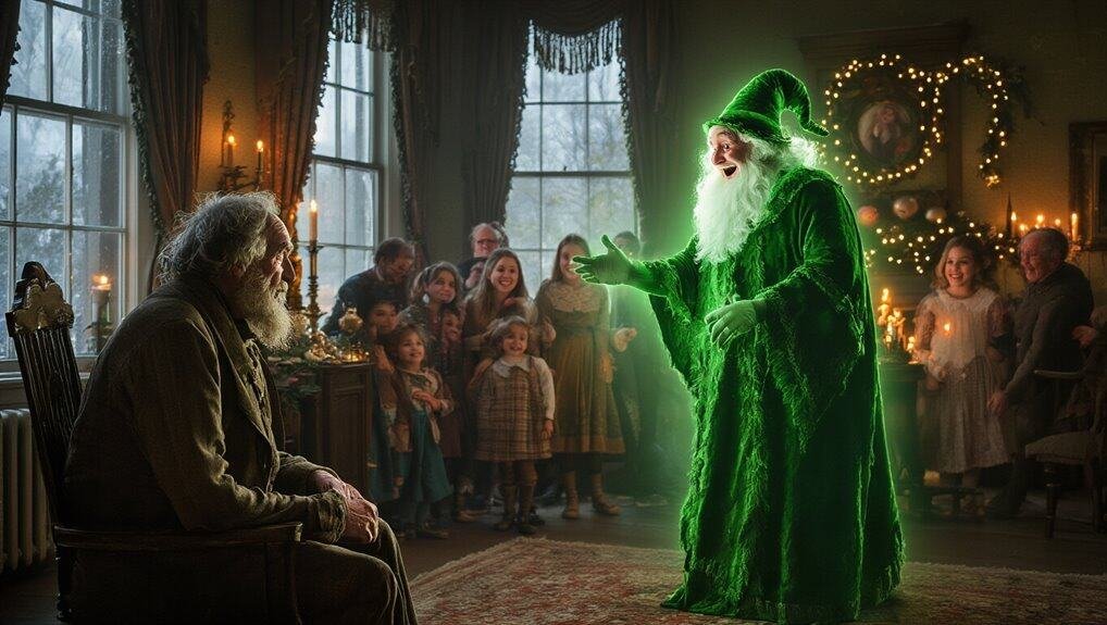 A Christmas Carol Understanding Scrooge’s Redemption My Bible Song 2026 Magic Christmas scene with a glowing green wizard, Santa Claus and children singing and celebrating in a beautifully decorated room with candles and fairy lights, capturing festive holiday spirit.
