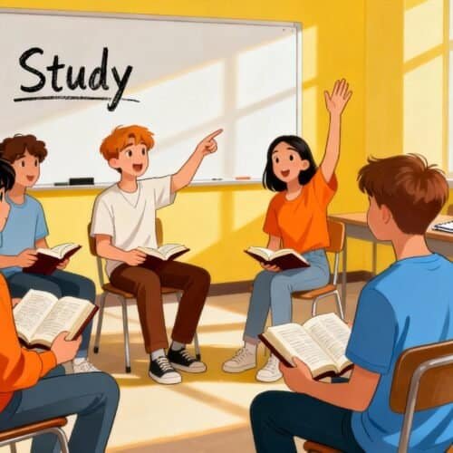 10 Commandments Youth Lesson Engaging Activities and Teaching Tips My Bible Song 2026 Bible study group of children with open books engaged in a lesson in a bright classroom with sunshine streaming through windows, promoting faith-based education and youth religious activities.