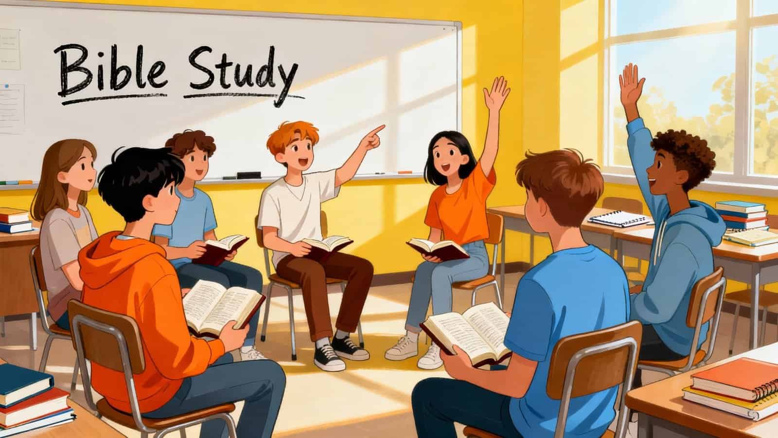 Bible study group of children with open books engaged in a lesson in a bright classroom with sunshine streaming through windows, promoting faith-based education and youth religious activities.